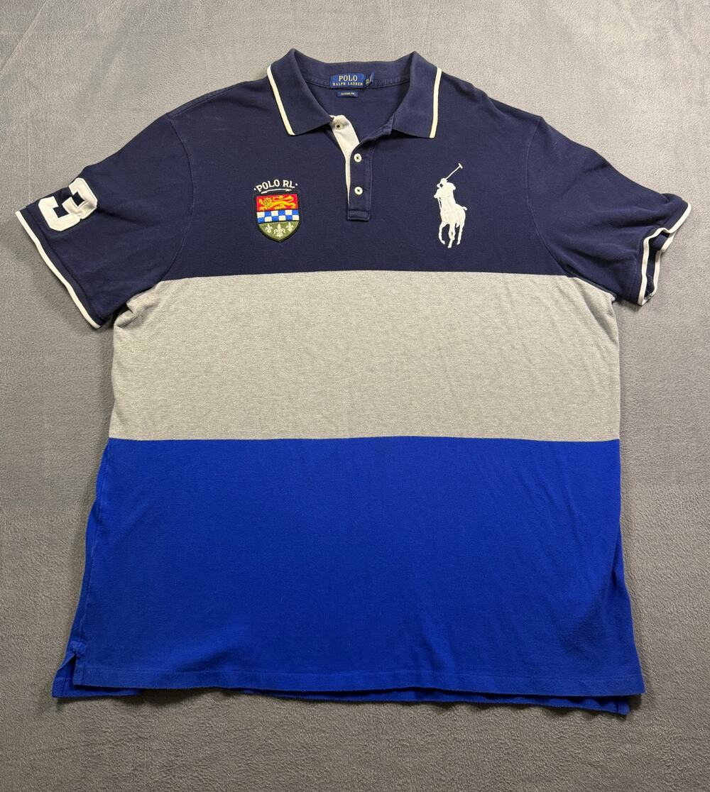 Polo Ralph Lauren Big Pony Colorblock Polo Shirt Crest Patch Navy Gray Men's XXL